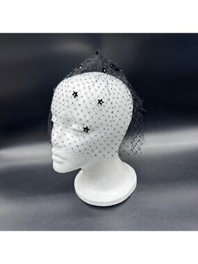 Vintage Black Veil Stars Bows Mid Century Headpiece Costume Accessory Retro Chic